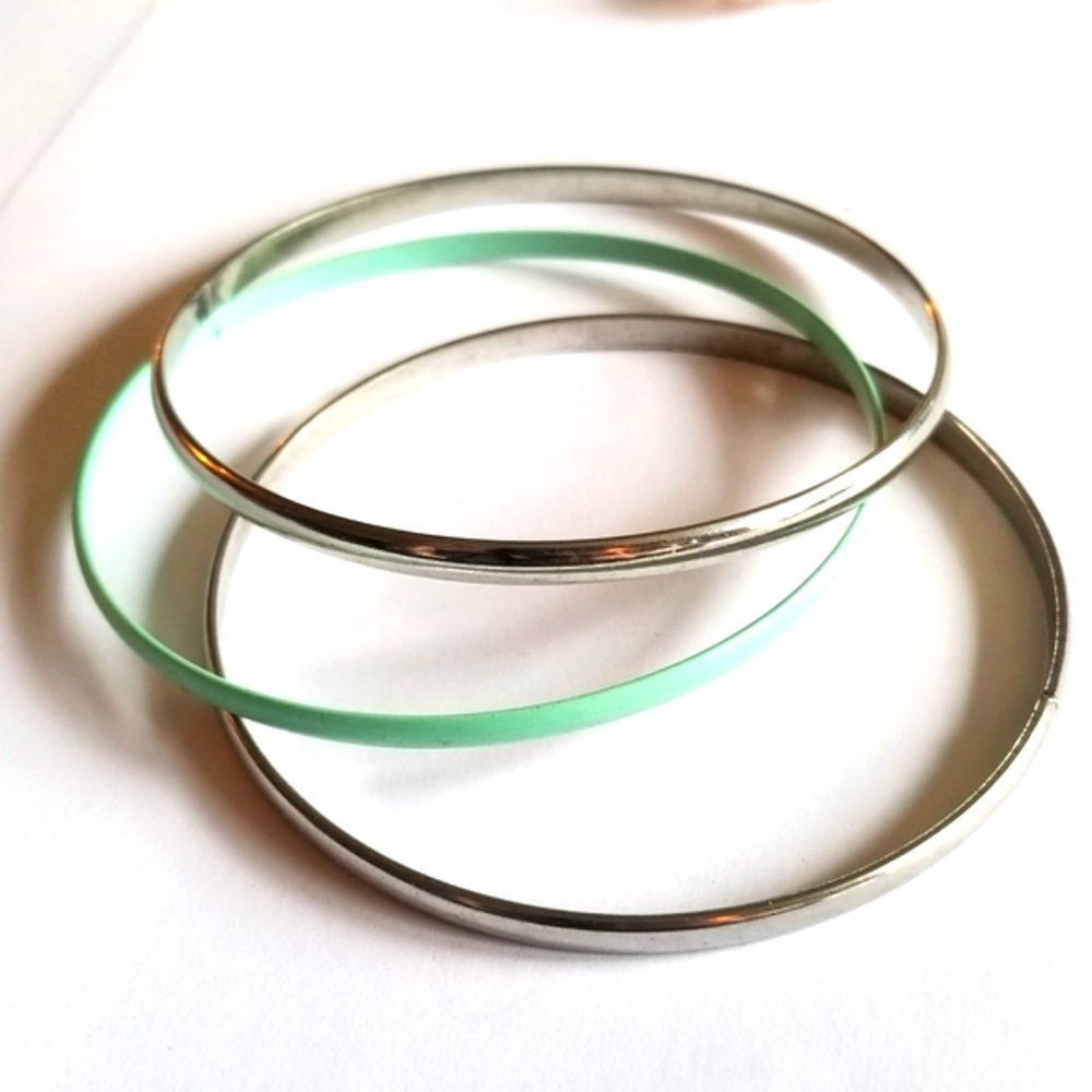 Bangle bracelets set of 3 one Robin's egg blue green two silver tone skinny